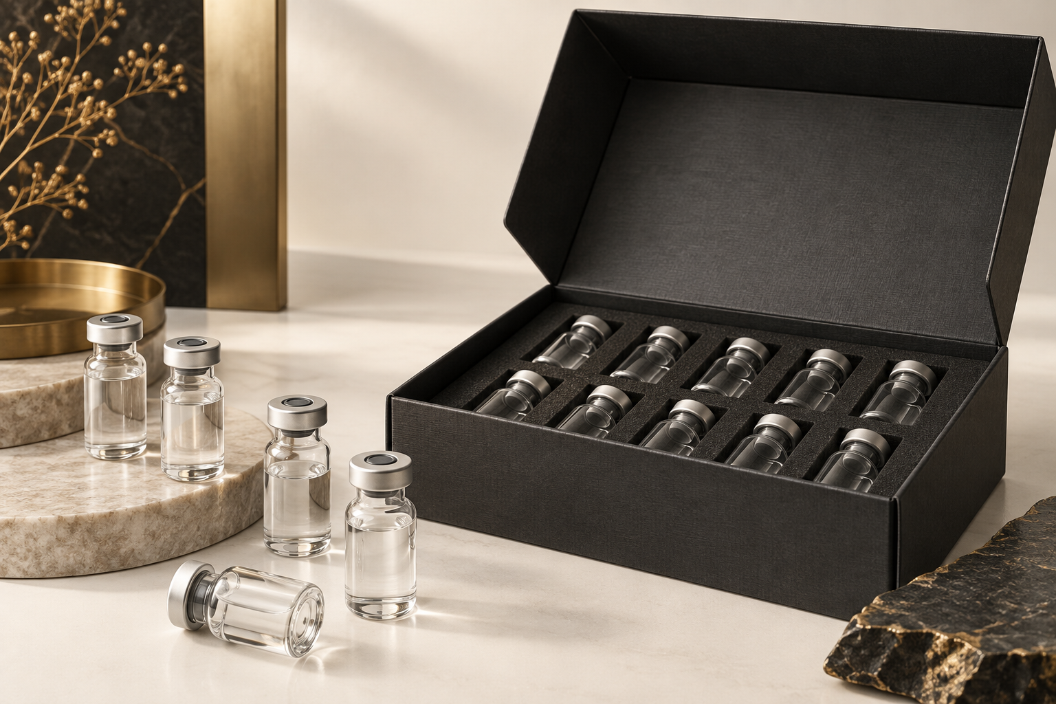 Illustration of laboratory sample vials arranged in a protective wholesale packaging box